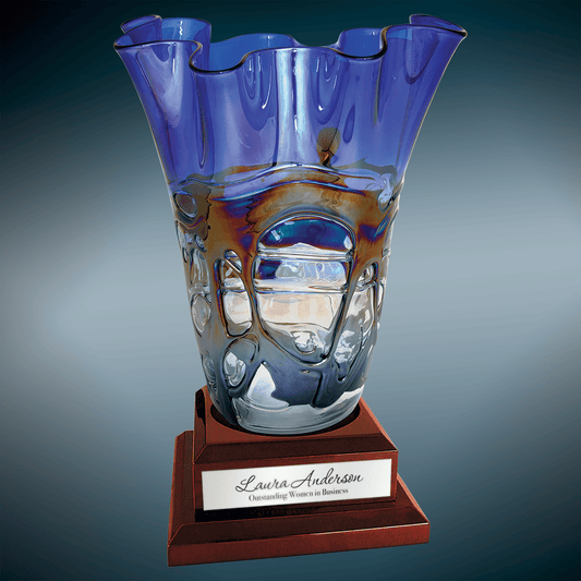 14" Art Glass Vase with Rosewood Royal Piano Finish Base glass award laser engravable