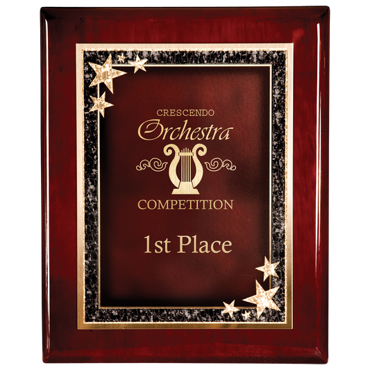 9" x 12" Premium Rosewood Finish Plaque with Red Starburst Plate laser engravable