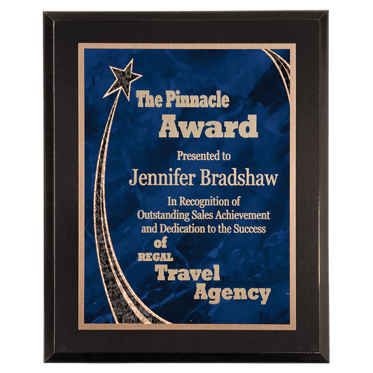8" x 10" Premium Black Piano Finish Plaque with Blue Rising Star Plate laser engravable
