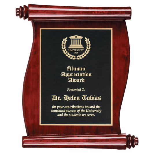 10 1/2" x 14" Rosewood Finish Scroll Plaque with Black Plate laser engravable