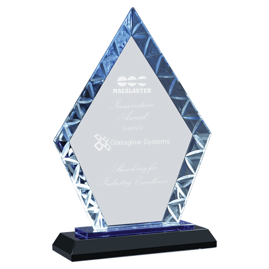 7 1/2" Clear Diamond Accent Glass on Blue & Black Reflective Base crystal award laser engravable
