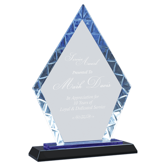 9" Clear Diamond Accent Glass on Blue & Black Reflective Base crystal award laser engravable