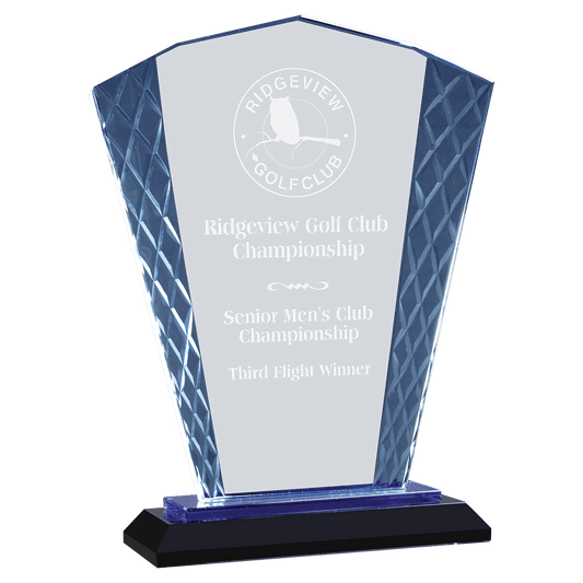 8" Clear Fan Accent Glass on Blue & Black Reflective Base crystal award laser engravable