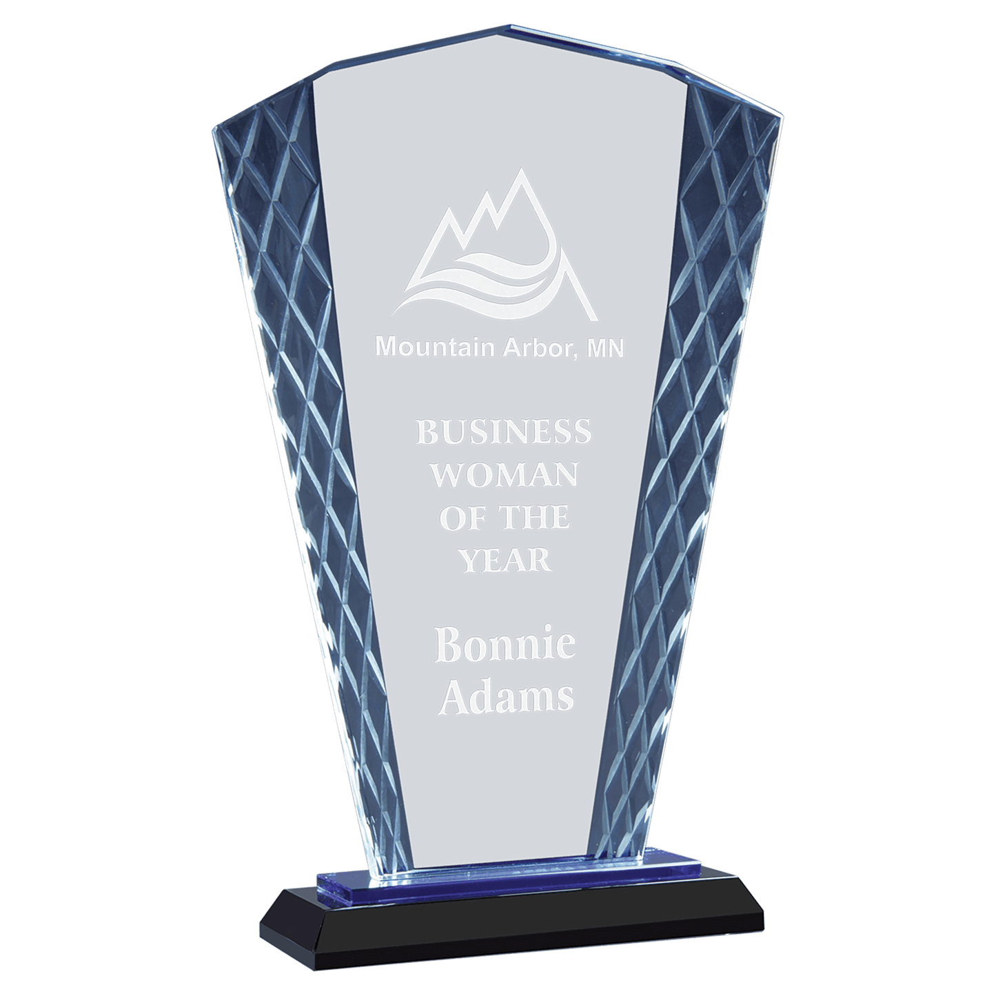 9 1/2" Clear Fan Accent Glass on Blue & Black Reflective Base crystal award laser engravable