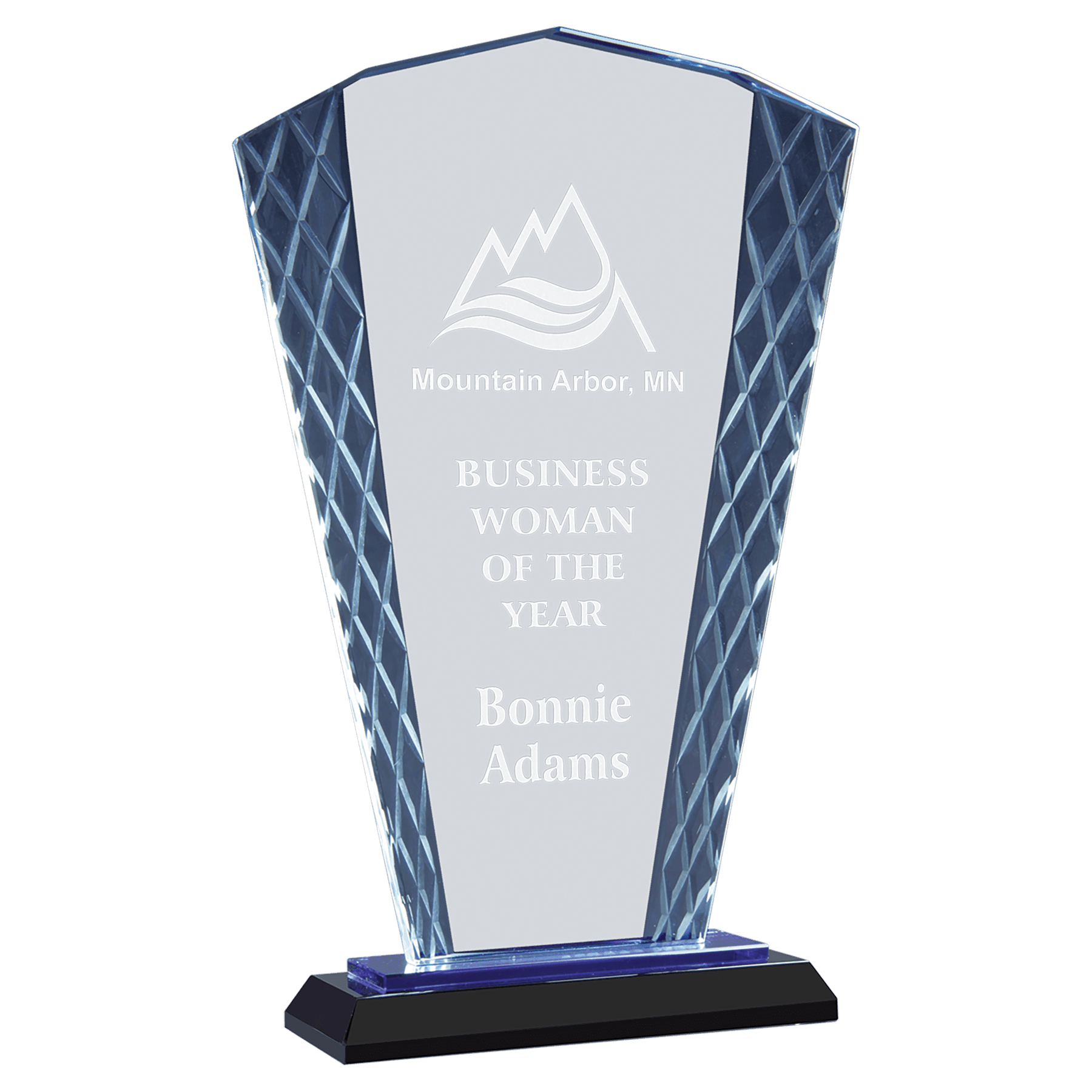 9 1/2" Clear Fan Accent Glass on Blue & Black Reflective Base crystal award laser engravable
