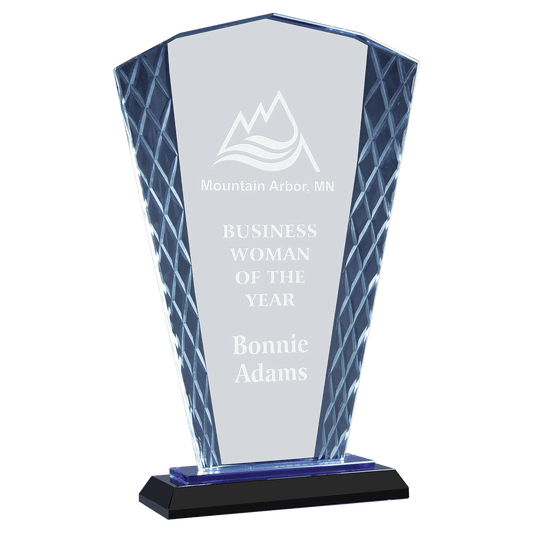 9 1/2" Clear Fan Accent Glass on Blue & Black Reflective Base crystal award laser engravable