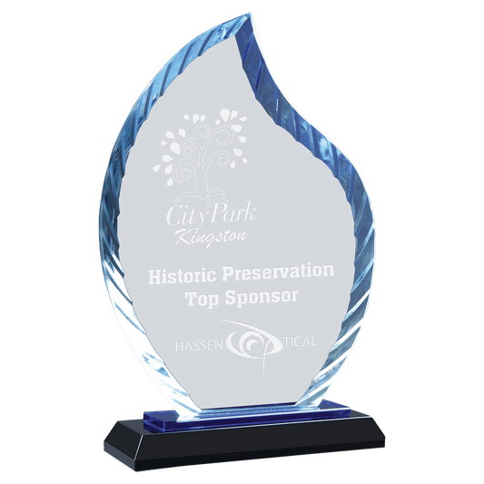 8" Clear Flame Accent Glass on Blue & Black Reflective Base crystal award laser engravable