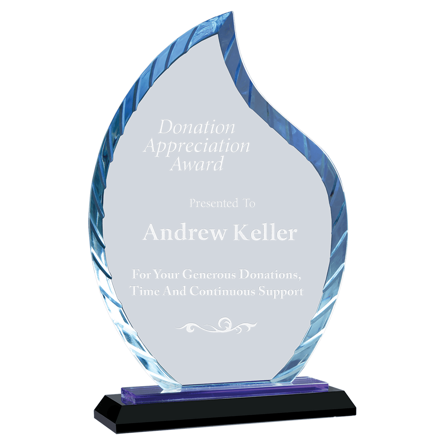 9 1/2" Clear Flame Accent Glass on Blue & Black Reflective Base crystal award laser engravable