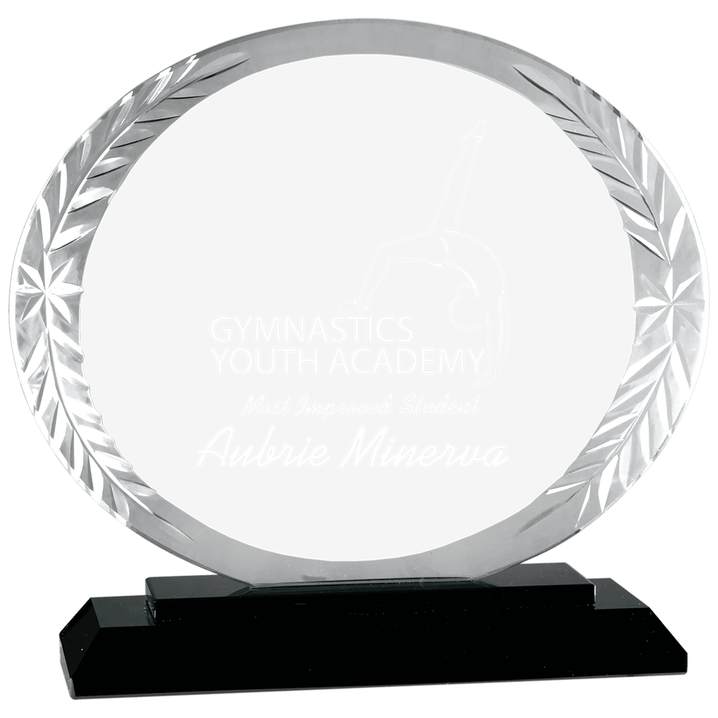 5 3/4" Oval Accent Glass on Black Base crystal award laser engravable