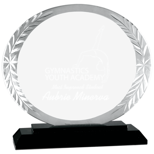 5 3/4" Oval Accent Glass on Black Base crystal award laser engravable