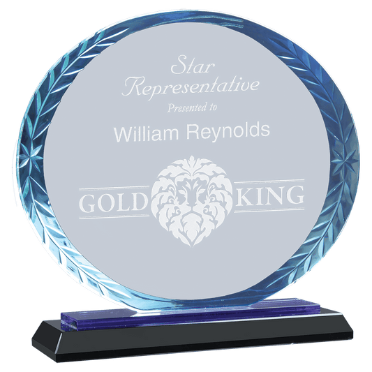 5 3/4" Clear Oval Accent Glass on Blue & Black Reflective Base crystal award laser engravable