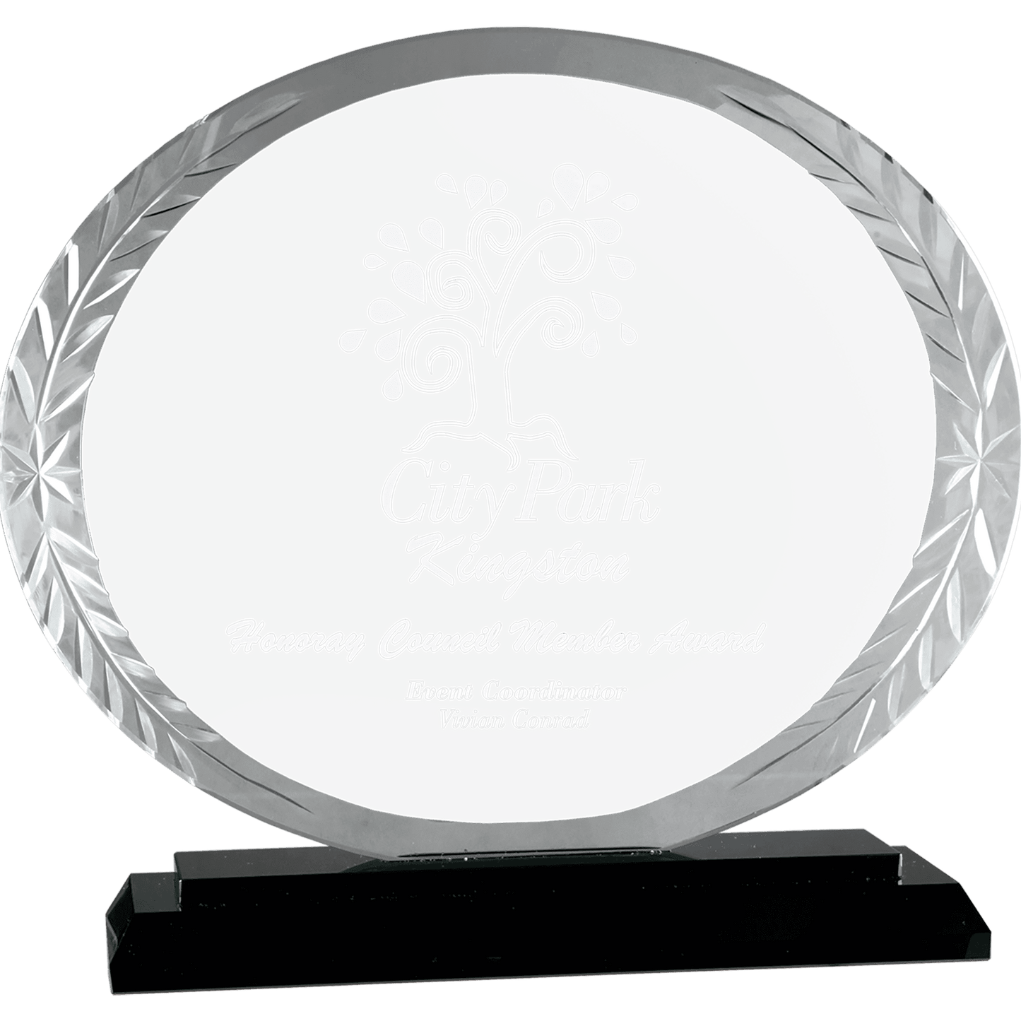 7" Oval Accent Glass on Black Base crystal award laser engravable