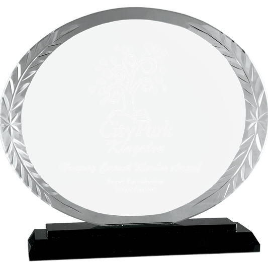 7" Oval Accent Glass on Black Base crystal award laser engravable