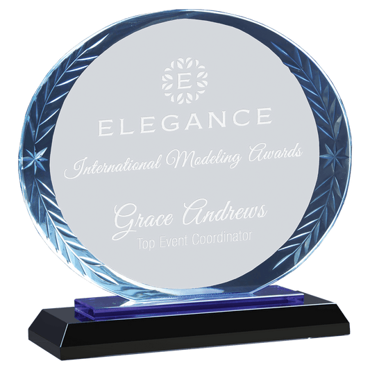 7" Clear Oval Accent Glass on Blue & Black Reflective Base crystal award laser engravable