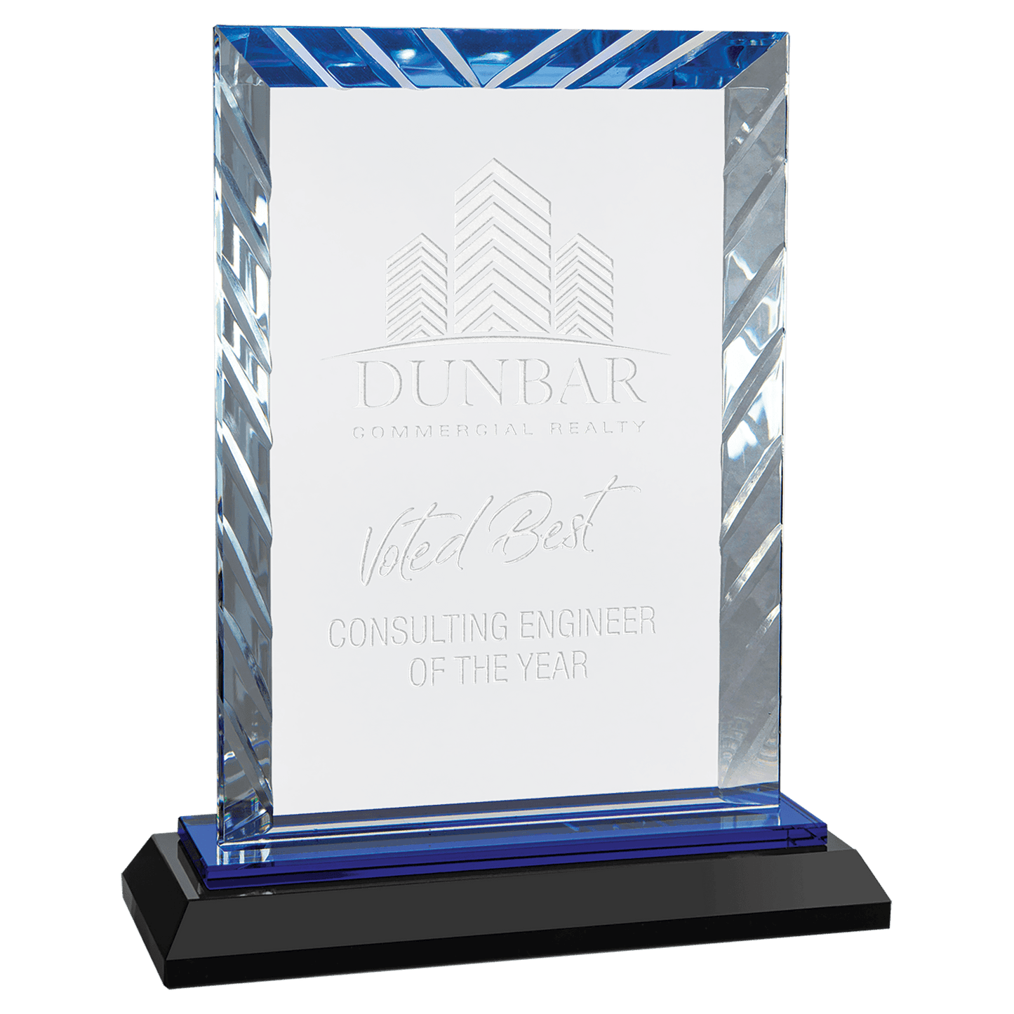 7" Clear Rectangle Accent Glass on Blue and Black Reflective Base crystal award laser engravable