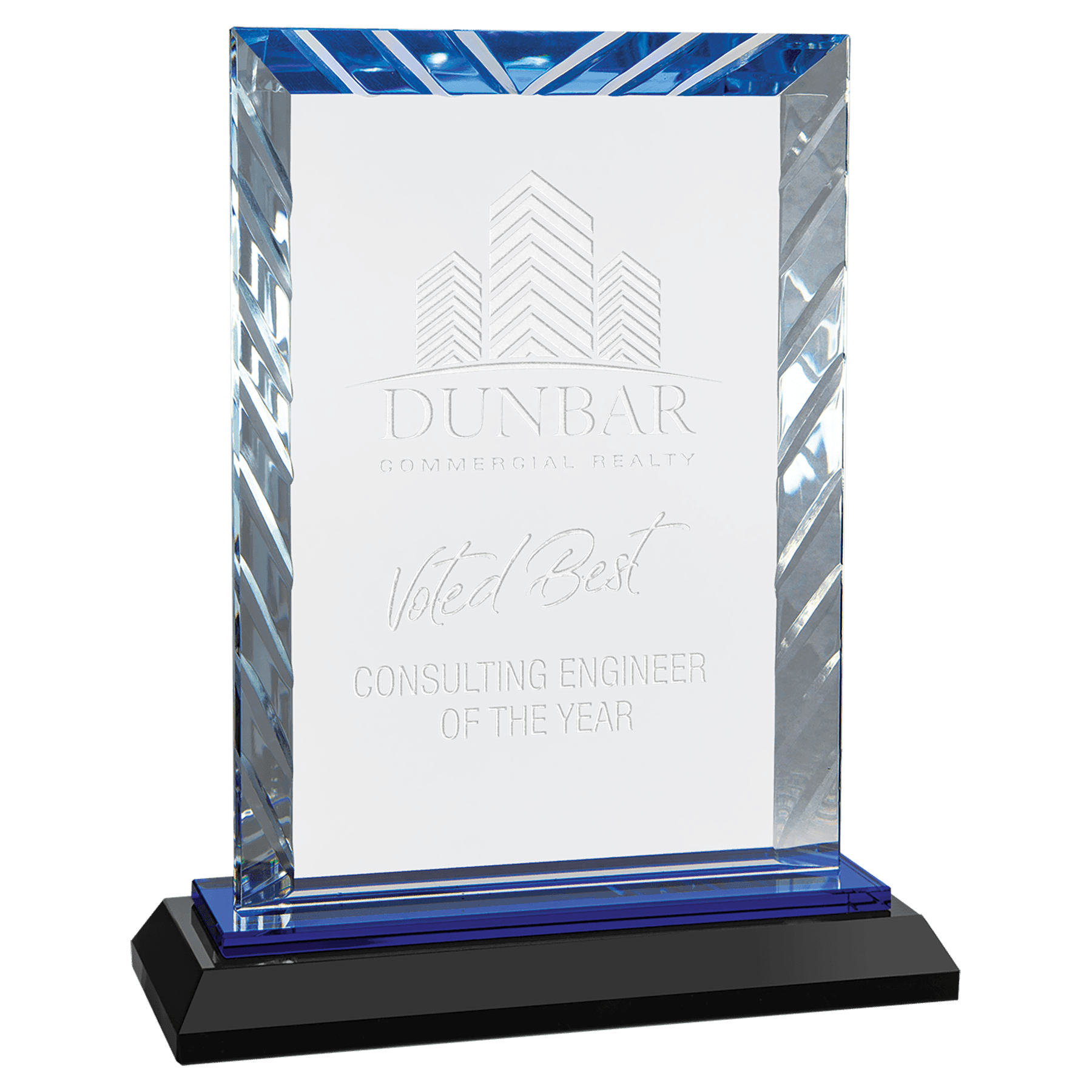 7" Clear Rectangle Accent Glass on Blue and Black Reflective Base crystal award laser engravable