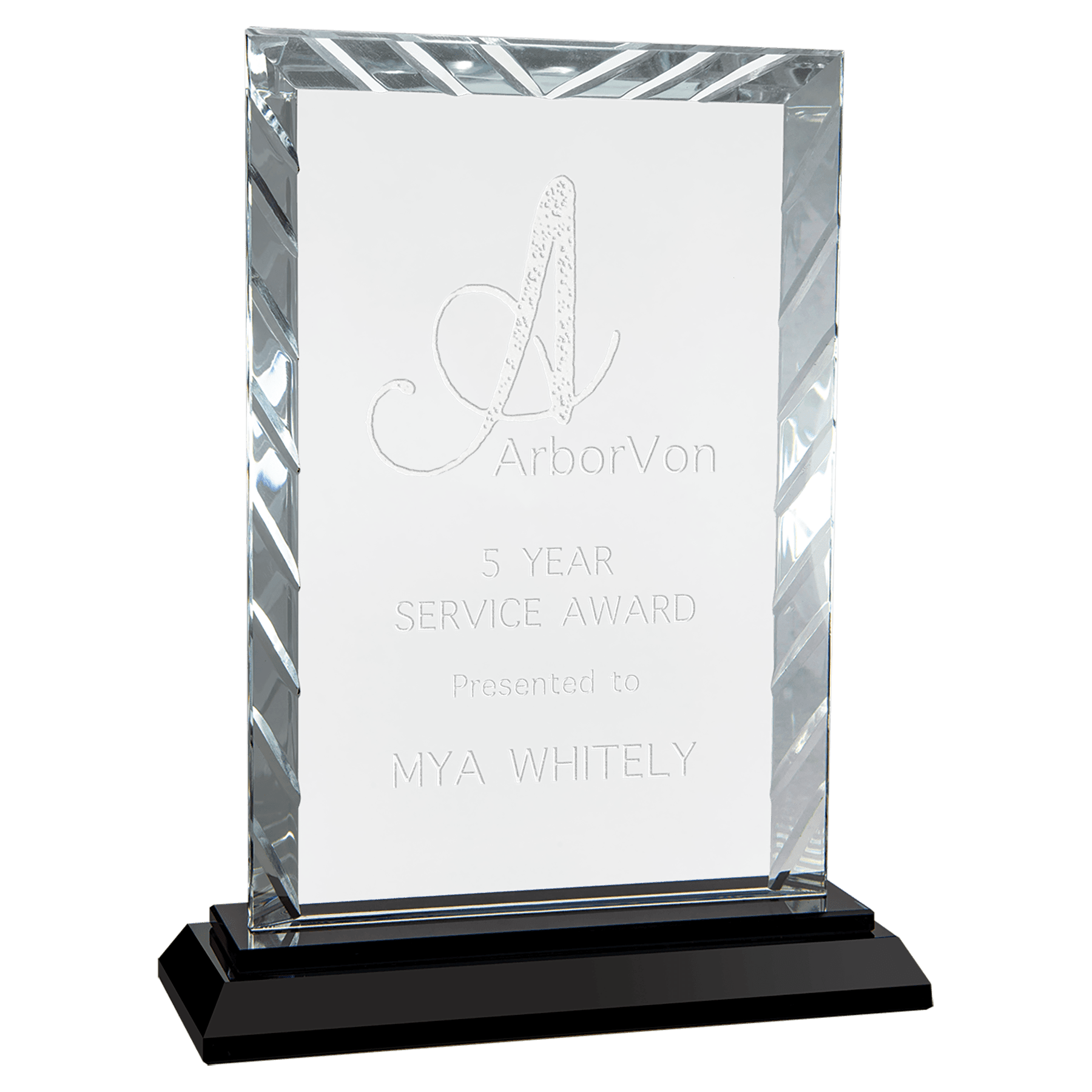 8" Rectangle Accent Glass on Black Base crystal award laser engravable
