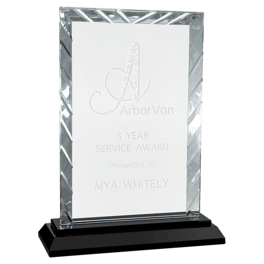 8" Rectangle Accent Glass on Black Base crystal award laser engravable