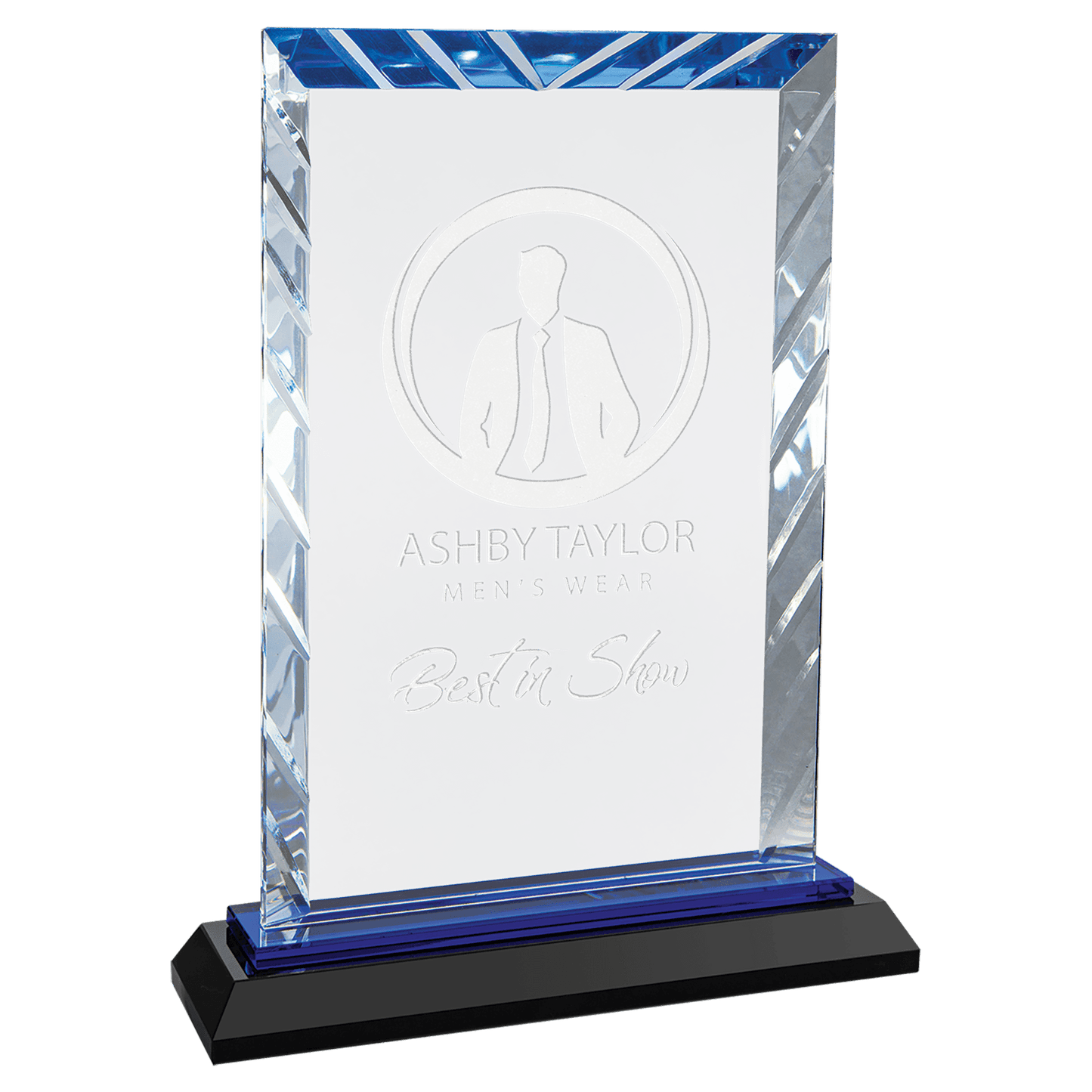 8" Clear Rectangle Accent Glass on Black and Blue Reflective Base crystal award laser engravable