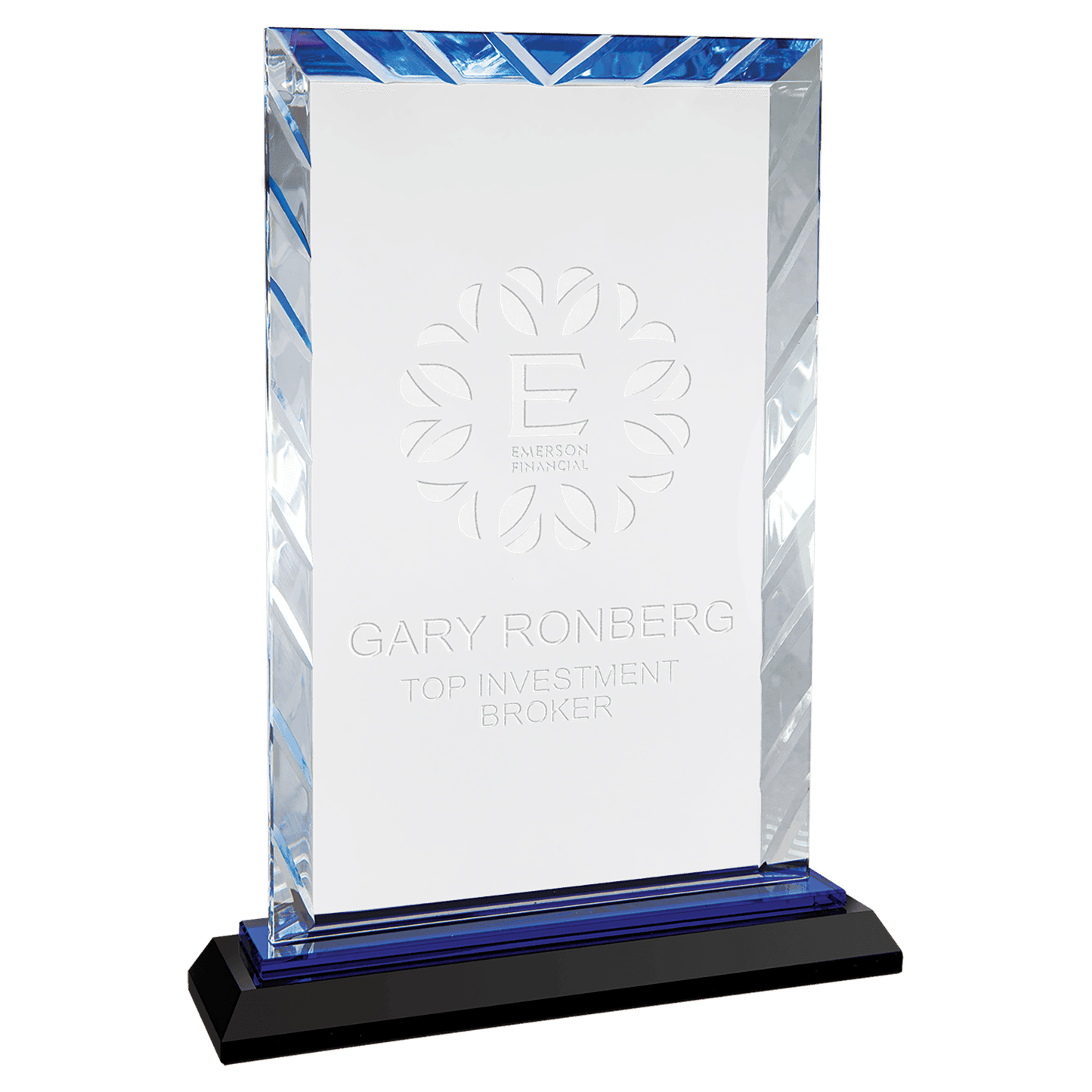 9" Clear Rectangle Accent Glass on Black and Blue Reflective Base crystal award laser engravable