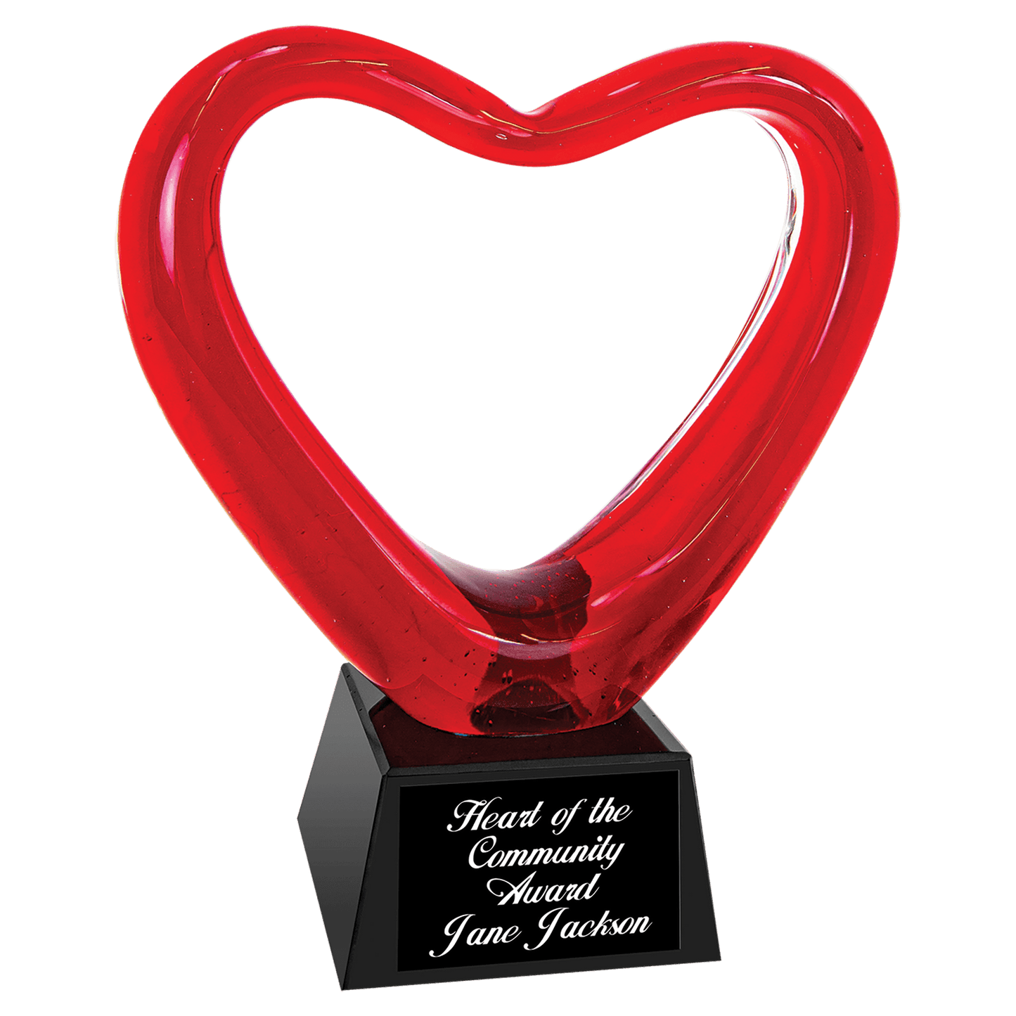 6 1/2" Red Heart Art Glass with Black Base glass award laser engravable