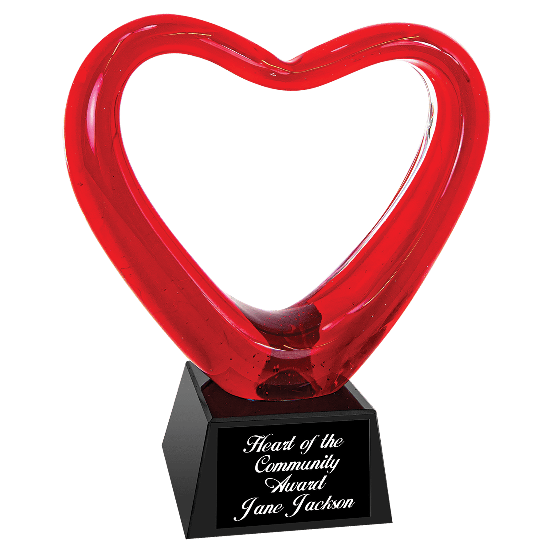 6 1/2" Red Heart Art Glass with Black Base glass award laser engravable