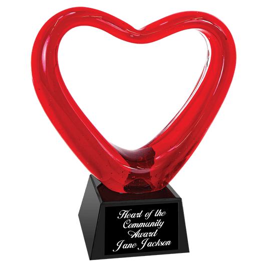 6 1/2" Red Heart Art Glass with Black Base glass award laser engravable