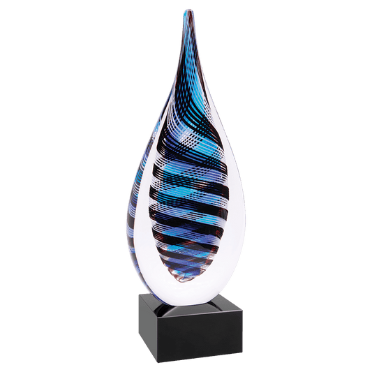 12" Blue, White & Black Twisted Rain Drop glass award laser engravable