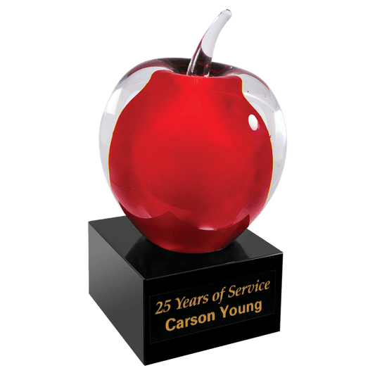 5 3/4" Red and Clear Glass Apple with Black Base glass award laser engravable
