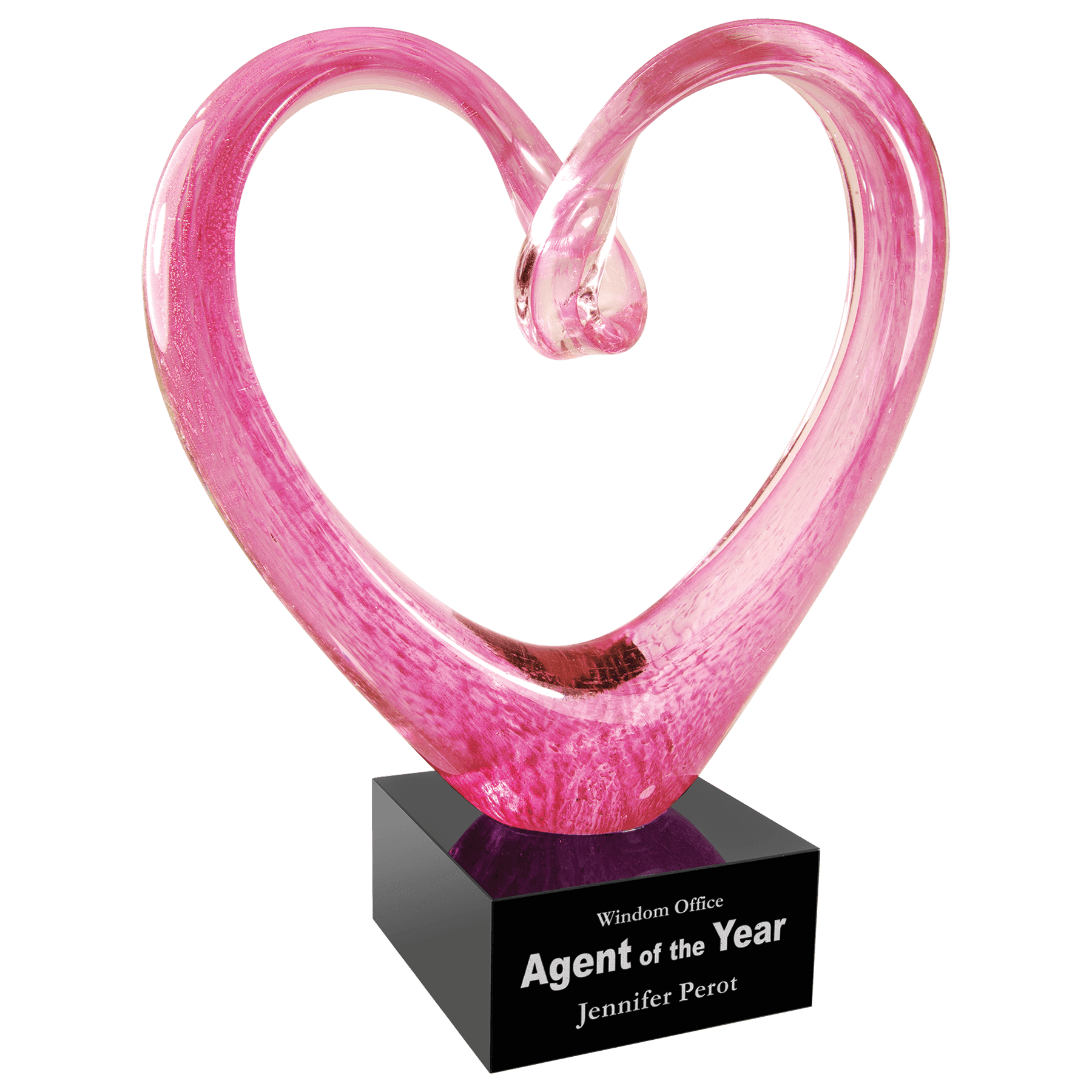 9" Pink Glass Heart with Black Base glass award laser engravable