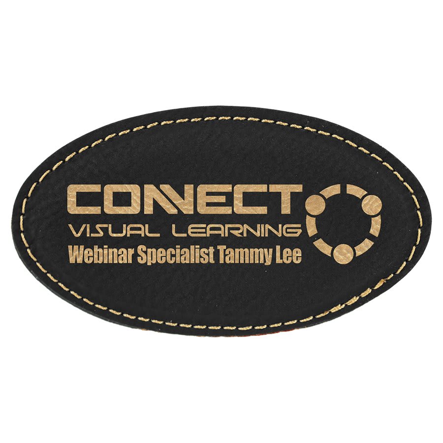 Black/Gold 3 1/4" x 1 3/4" laser engravable leatherette oval name badge