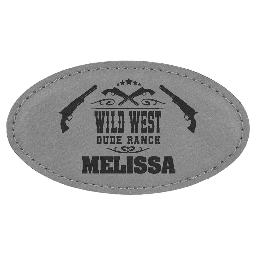 Gray 3 1/4" x 1 3/4" laser engravable leatherette oval name badge