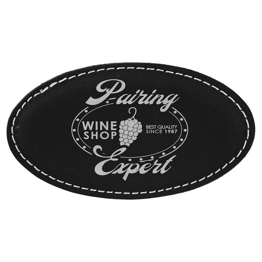 Black/Silver 3 1/4" x 1 3/4" laser engravable leatherette oval name badge