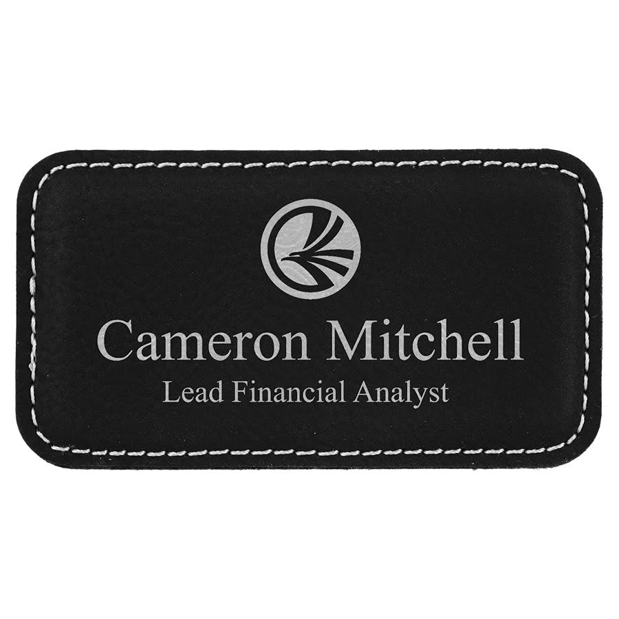 Black/Silver 3 1/4" x 1 3/4" laser engravable leatherette  name badge