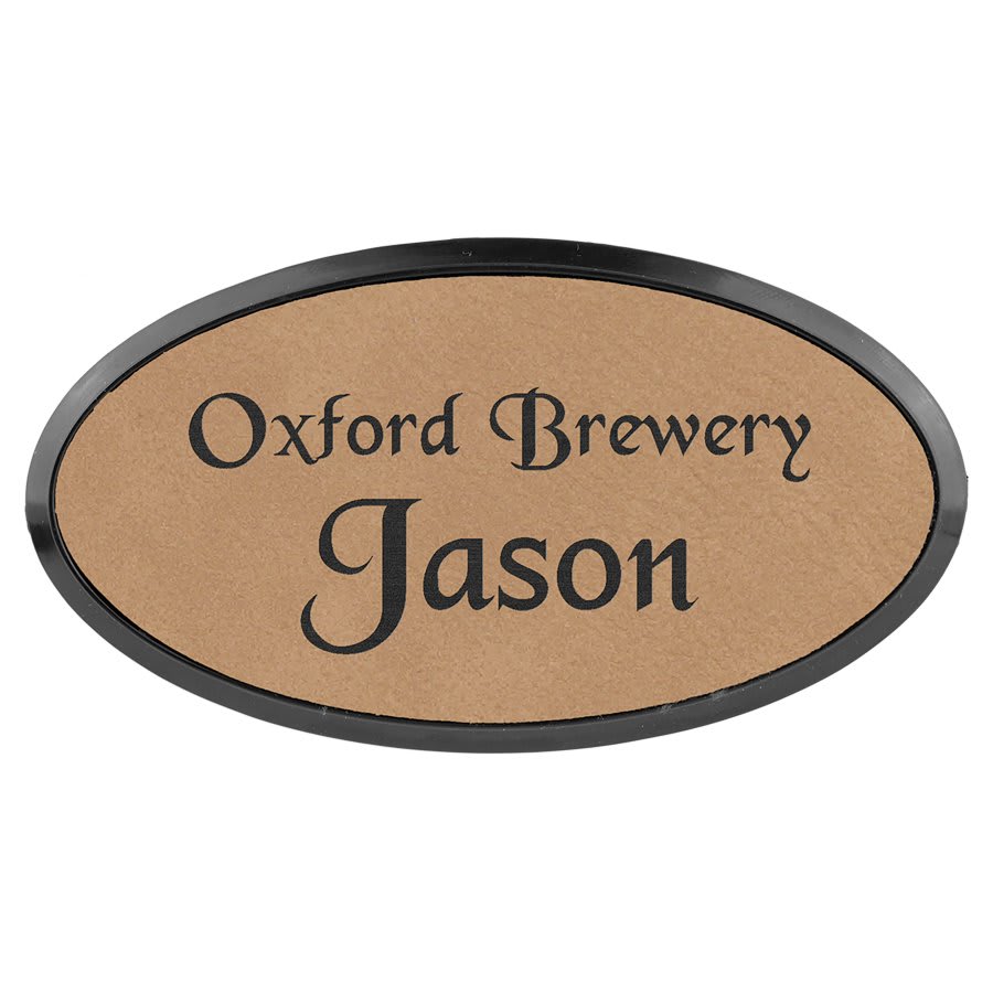 Light Brown 3" x 1 1/2" laser engravable leatherette oval name badge