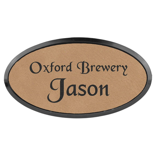 Light Brown 3" x 1 1/2" laser engravable leatherette oval name badge