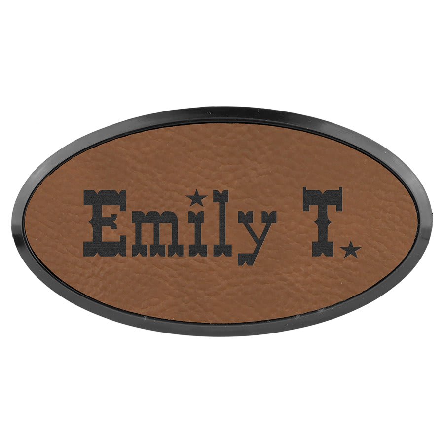 Dark Brown 3" x 1 1/2" laser engravable leatherette oval name badge