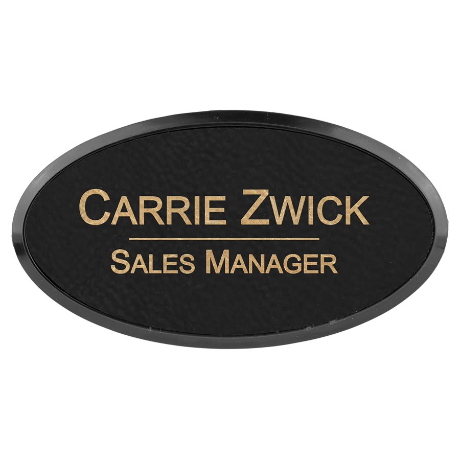 Black/Gold 3" x 1 1/2" laser engravable leatherette oval name badge