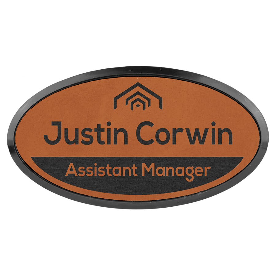 Rawhide 3" x 1 1/2" laser engravable leatherette oval name badge