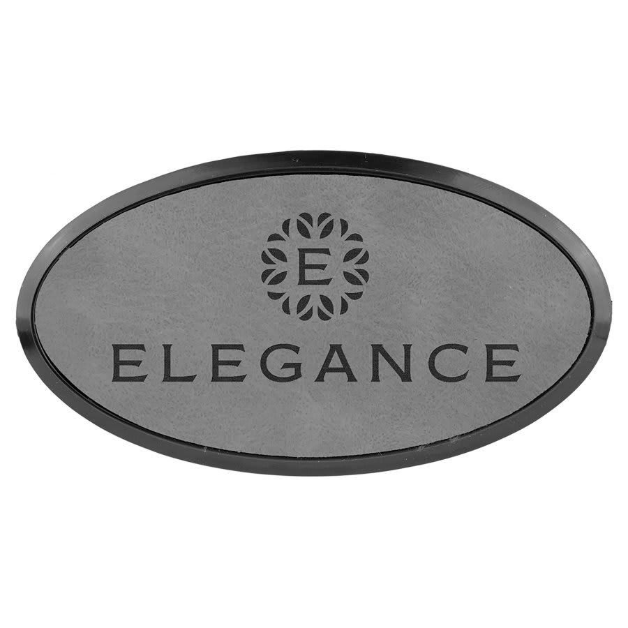Gray 3" x 1 1/2" laser engravable leatherette oval name badge