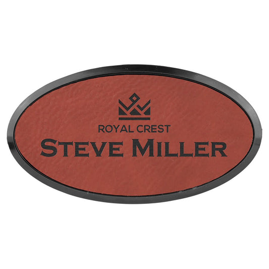 3" x 1 1/2" laser engravable leatherette oval name badge