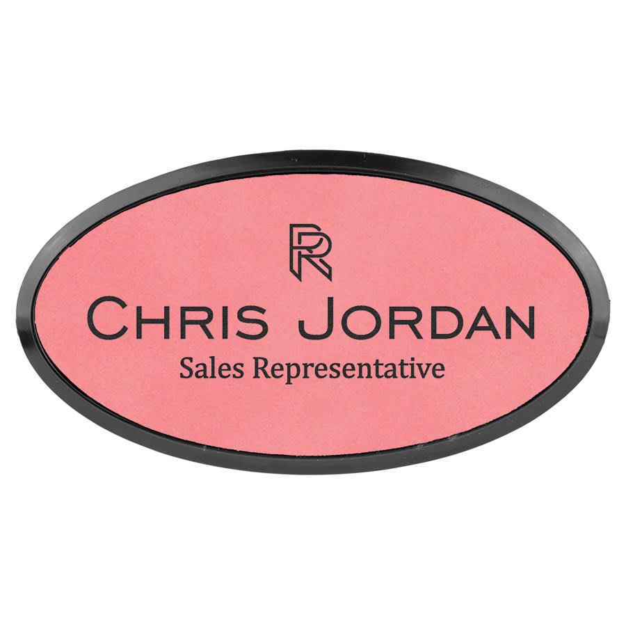 Pink 3" x 1 1/2" laser engravable leatherette oval name badge