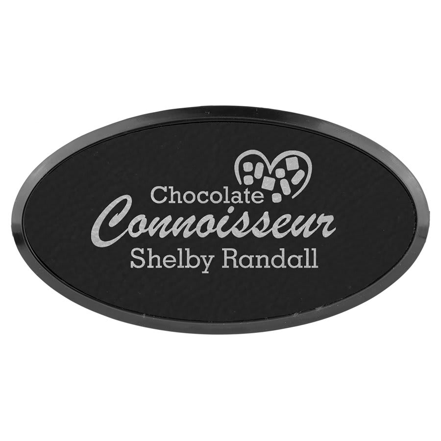 Black/Silver 3" x 1 1/2" laser engravable leatherette oval name badge