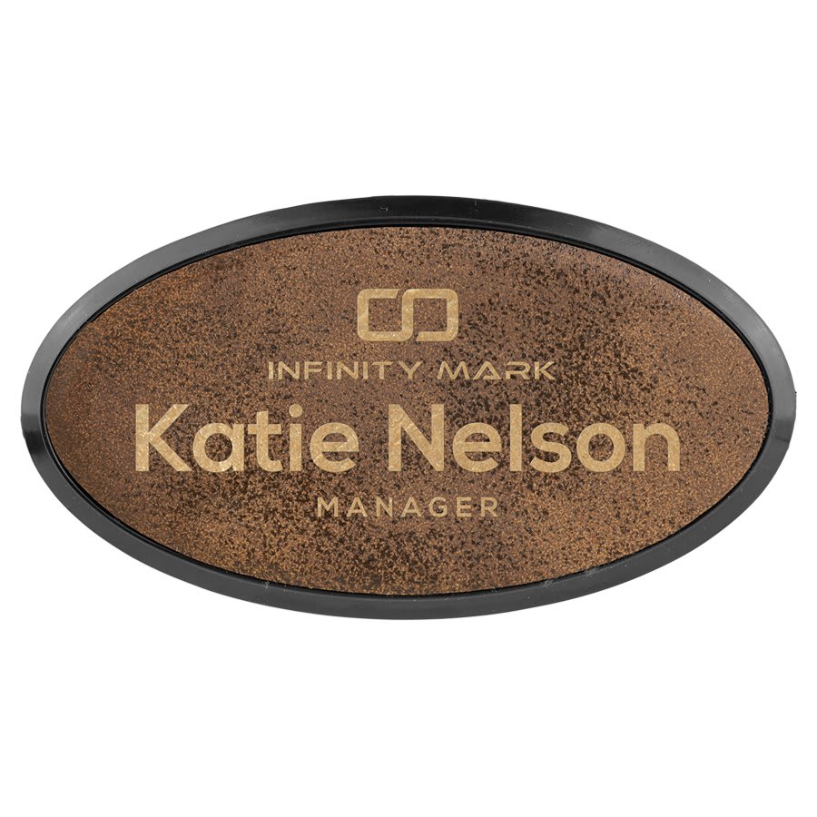 Rustic/Gold 3" x 1 1/2" laser engravable leatherette oval name badge