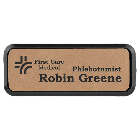 Light Brown 3" x 1" laser engravable leatherette round corner name badge