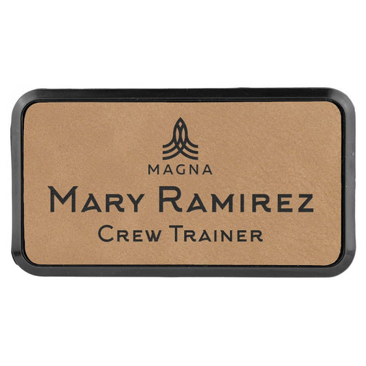 Light Brown 3" x 1 1/2" laser engravable leatherette round corner name badge
