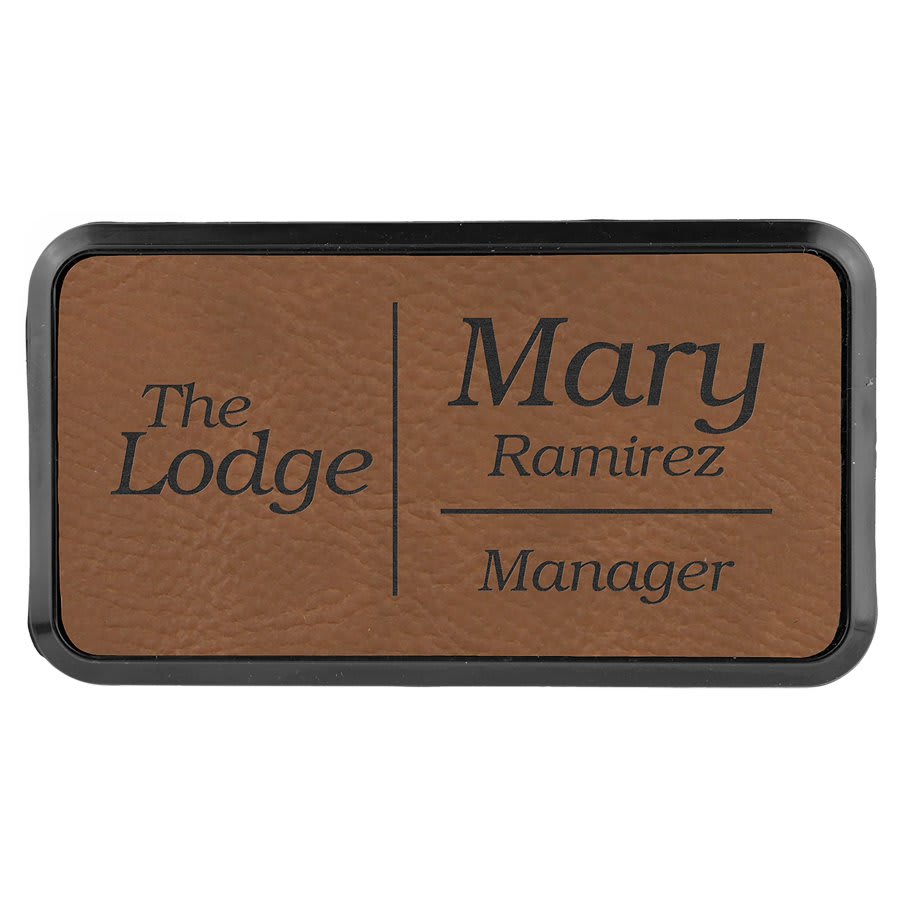 Dark Brown 3" x 1 1/2" Laserable Leatherette Round Corner Badge & Frame