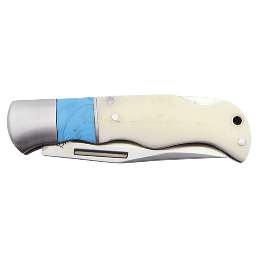 Bison River 3 1/2" Blue/Bone Folding Knife laser engravable