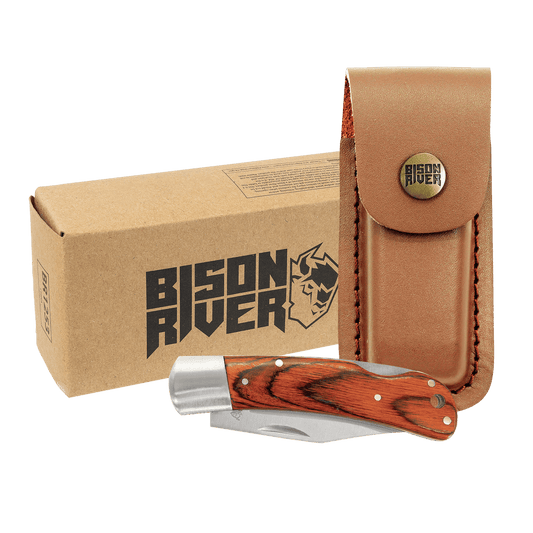 Bison River 4" Wood Folding Knife with Leather Sheath laser engravable