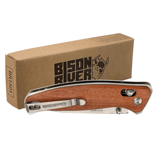 Bison River 4 1/2" Wood Button Lock Folding Knife laser engravable